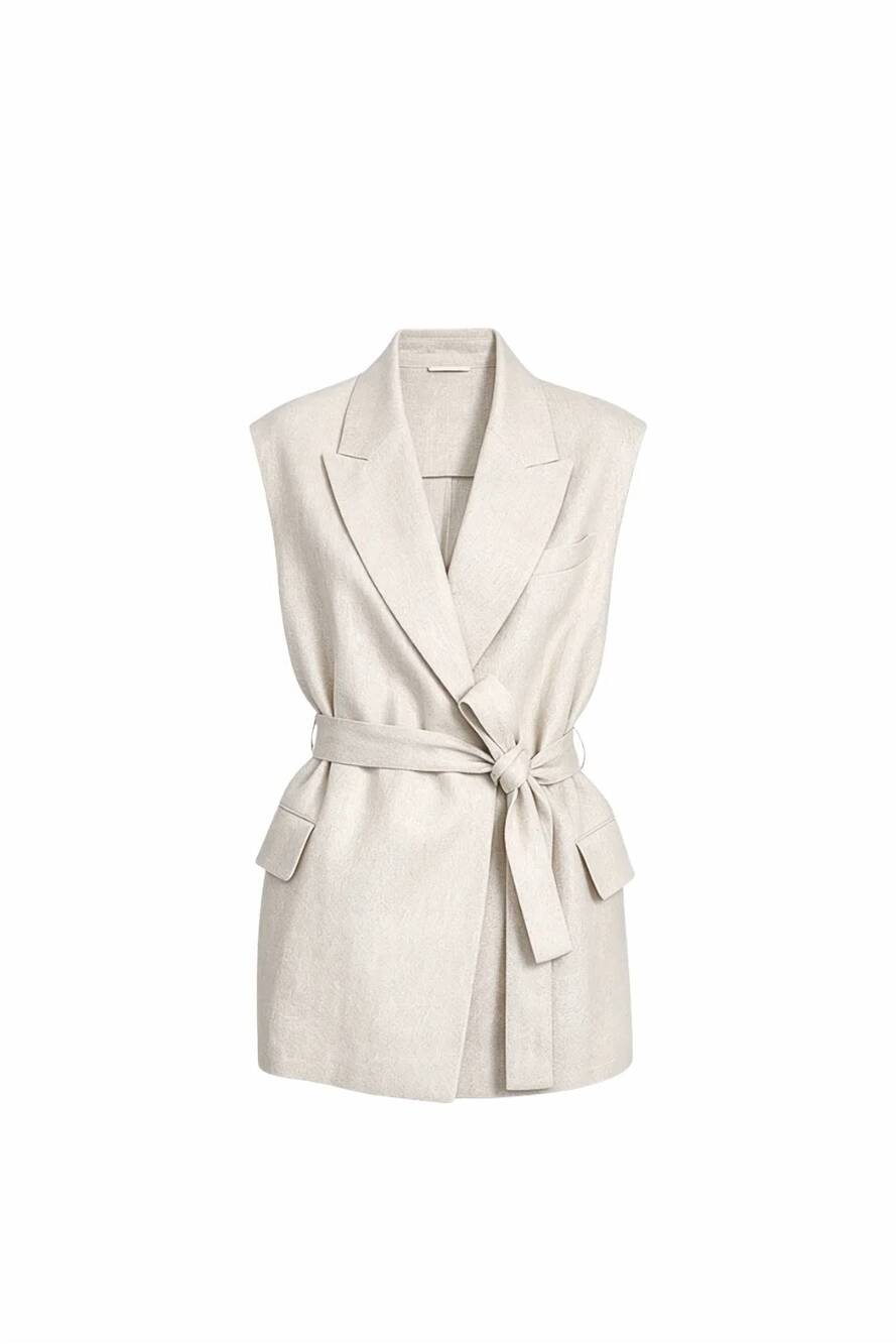 NEW BRUNELLO CUCINELLI women's linen belted vest in oatmeal shade